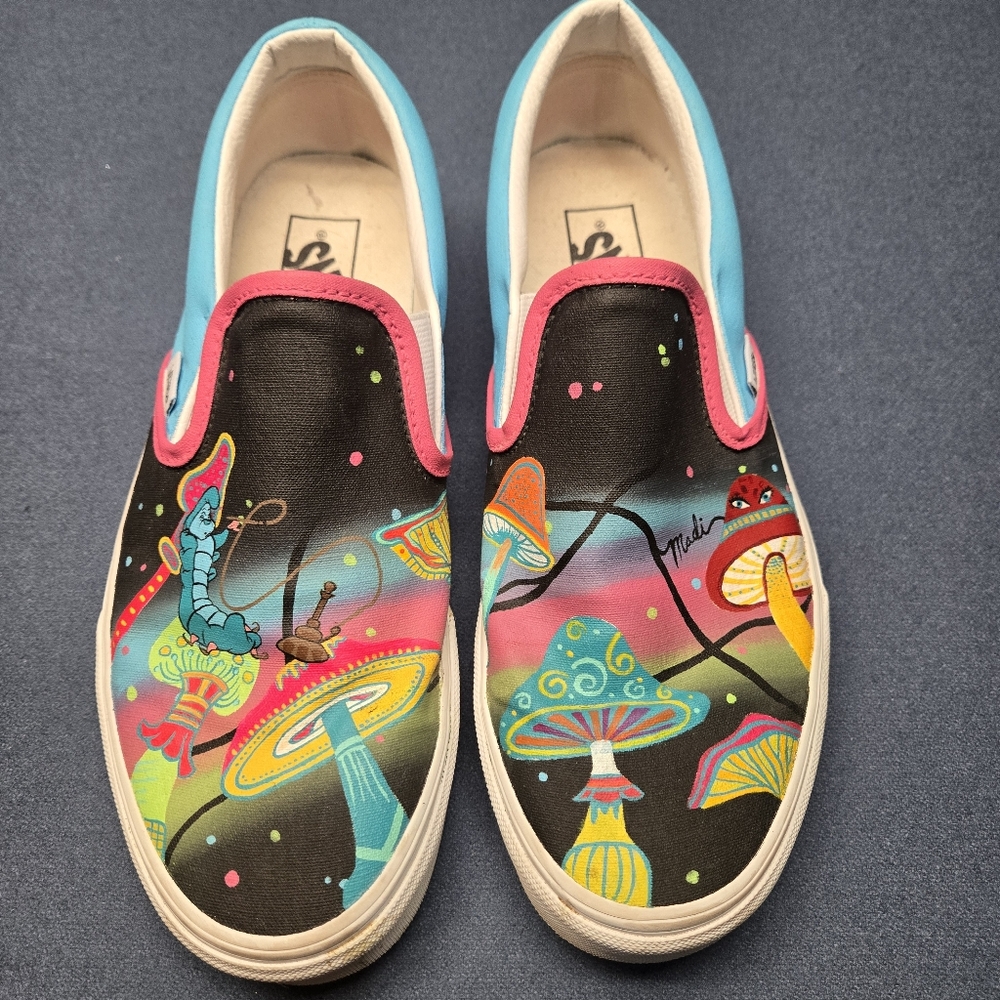 9.5 Alice in Wonderland Custom Painted Vans Wonderland Mushrooms Slip-On Disney